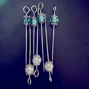 Silver Beaded Party Appetizer or Cocktail Picks Qty 7 Blue And Clear. 4”